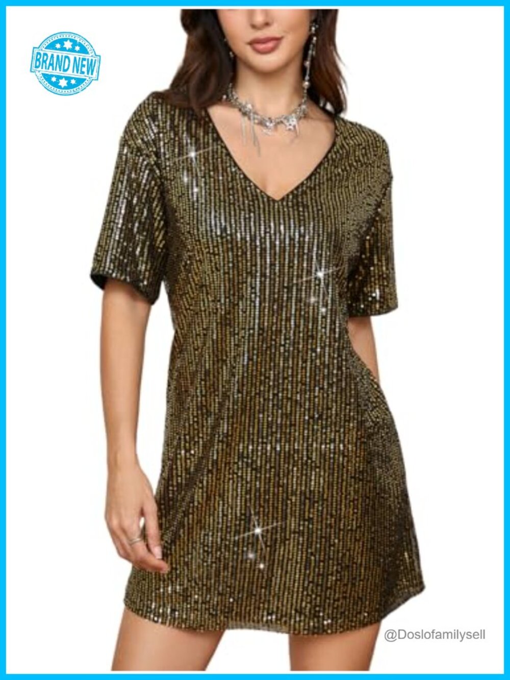 Sequin Sparkly Short Sleeve Tunic Tshirt Dress Glitter Party Mini Dress